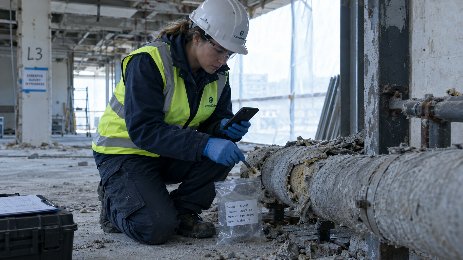 A field inspector conducting an asbestos survey in a building