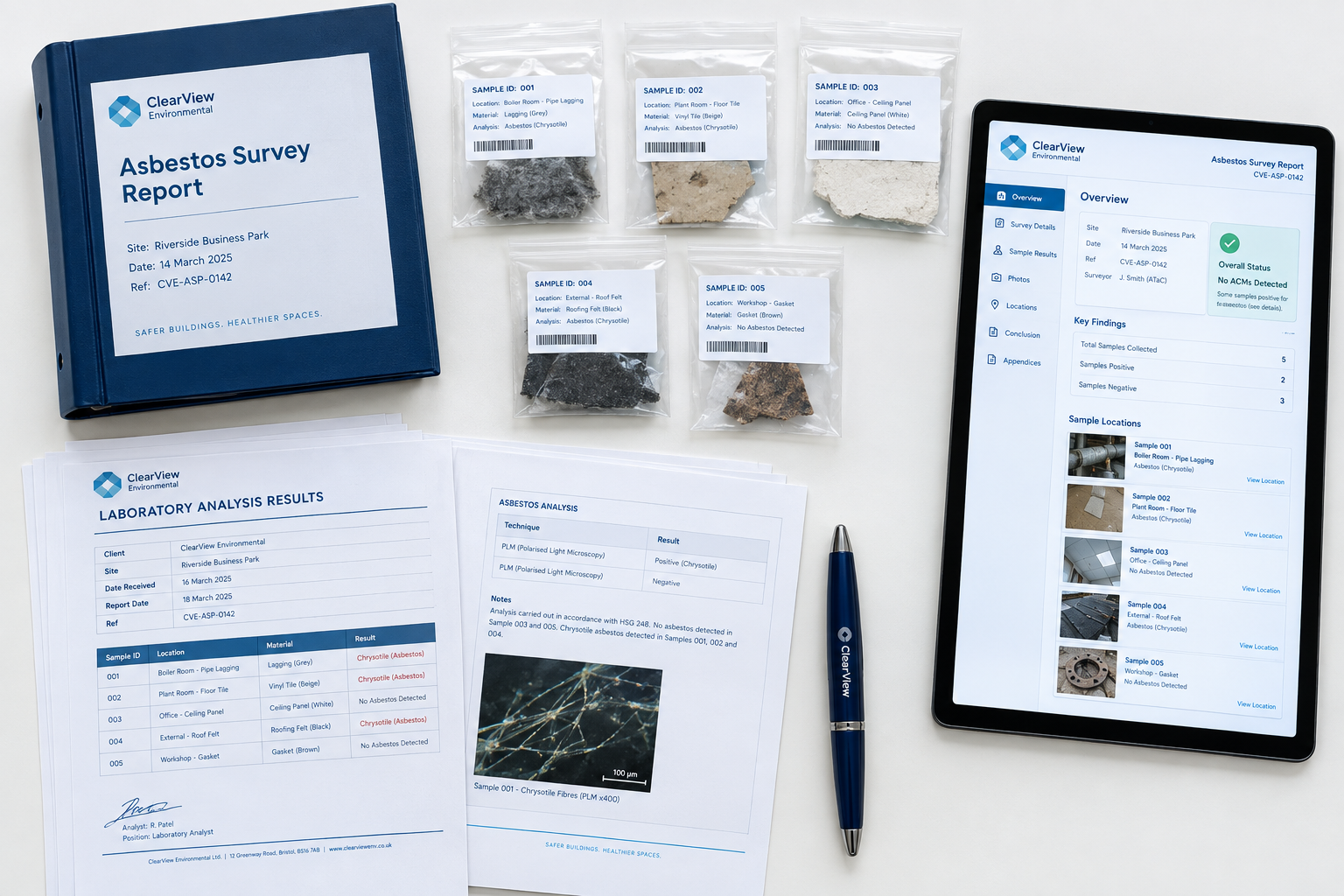 A structured asbestos survey report with sample records, locations, and lab results